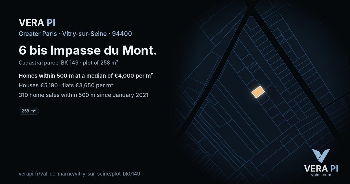 6 bis Impasse du Mont, Vitry-sur-Seine at night – the plot lit, the parcels around coloured by the prices near them