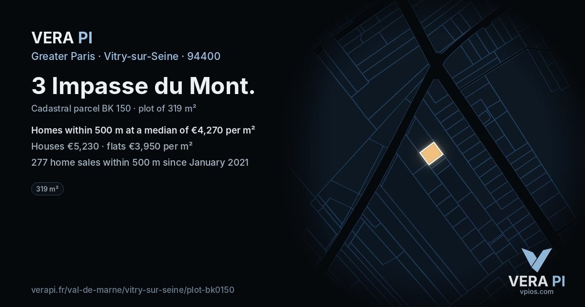 3 Impasse du Mont, Vitry-sur-Seine at night – the plot lit, the parcels around coloured by the prices near them