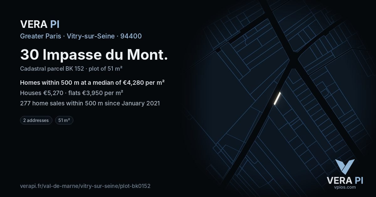 30 Impasse du Mont, Vitry-sur-Seine at night – the plot lit, the parcels around coloured by the prices near them