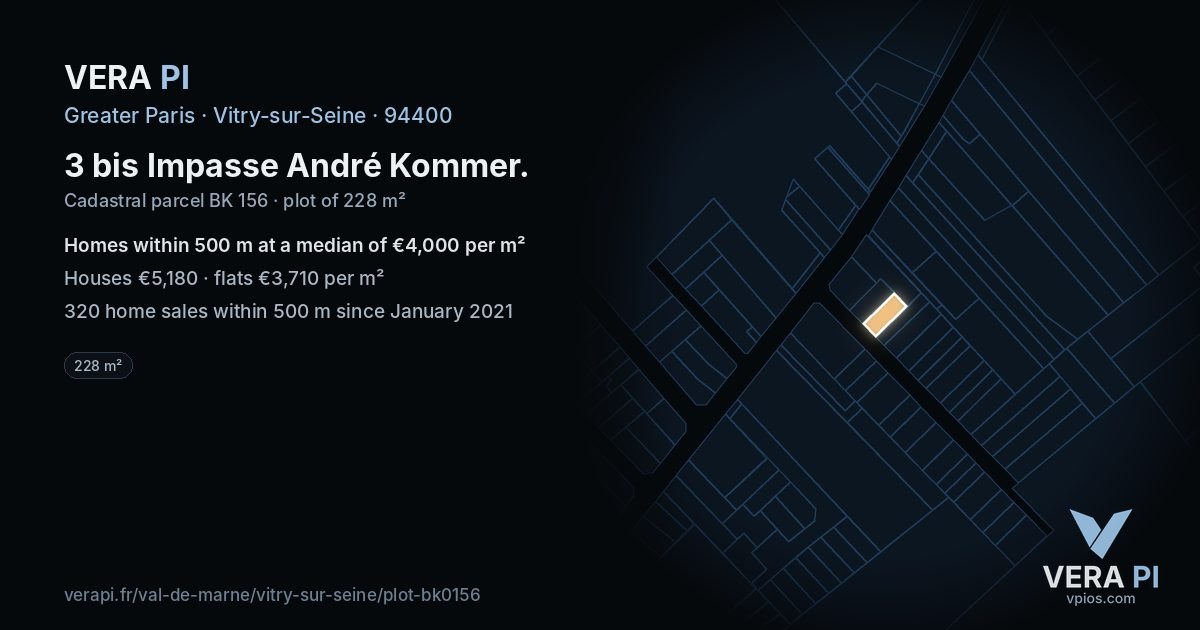 3 bis Impasse André Kommer, Vitry-sur-Seine at night – the plot lit, the parcels around coloured by the prices near them