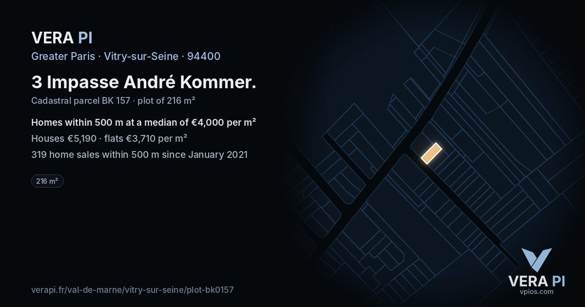 3 Impasse André Kommer, Vitry-sur-Seine at night – the plot lit, the parcels around coloured by the prices near them