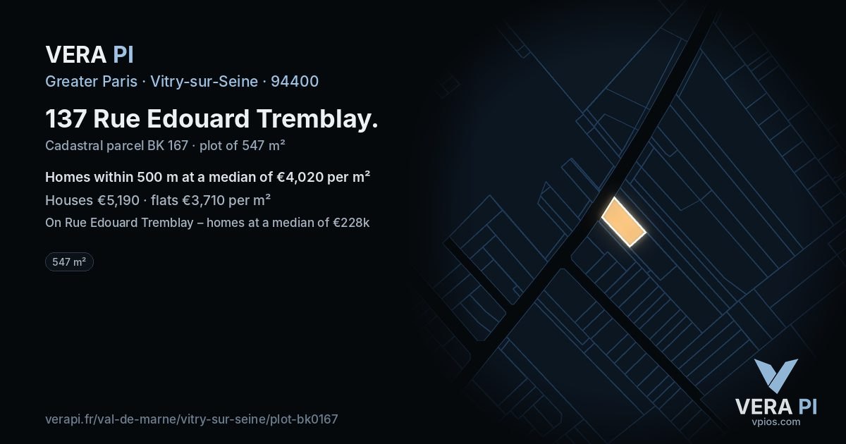 137 Rue Edouard Tremblay, Vitry-sur-Seine at night – the plot lit, the parcels around coloured by the prices near them