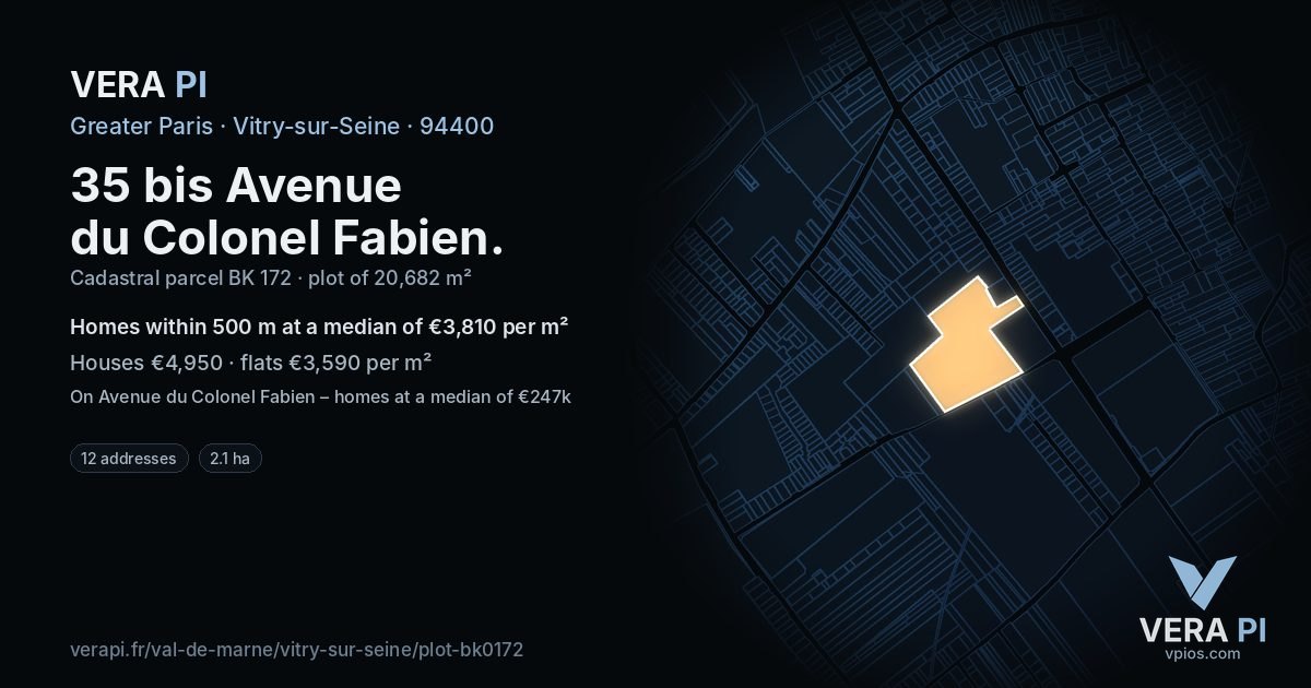 35 bis Avenue du Colonel Fabien, Vitry-sur-Seine at night – the plot lit, the parcels around coloured by the prices near them