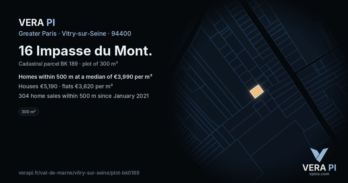 16 Impasse du Mont, Vitry-sur-Seine at night – the plot lit, the parcels around coloured by the prices near them