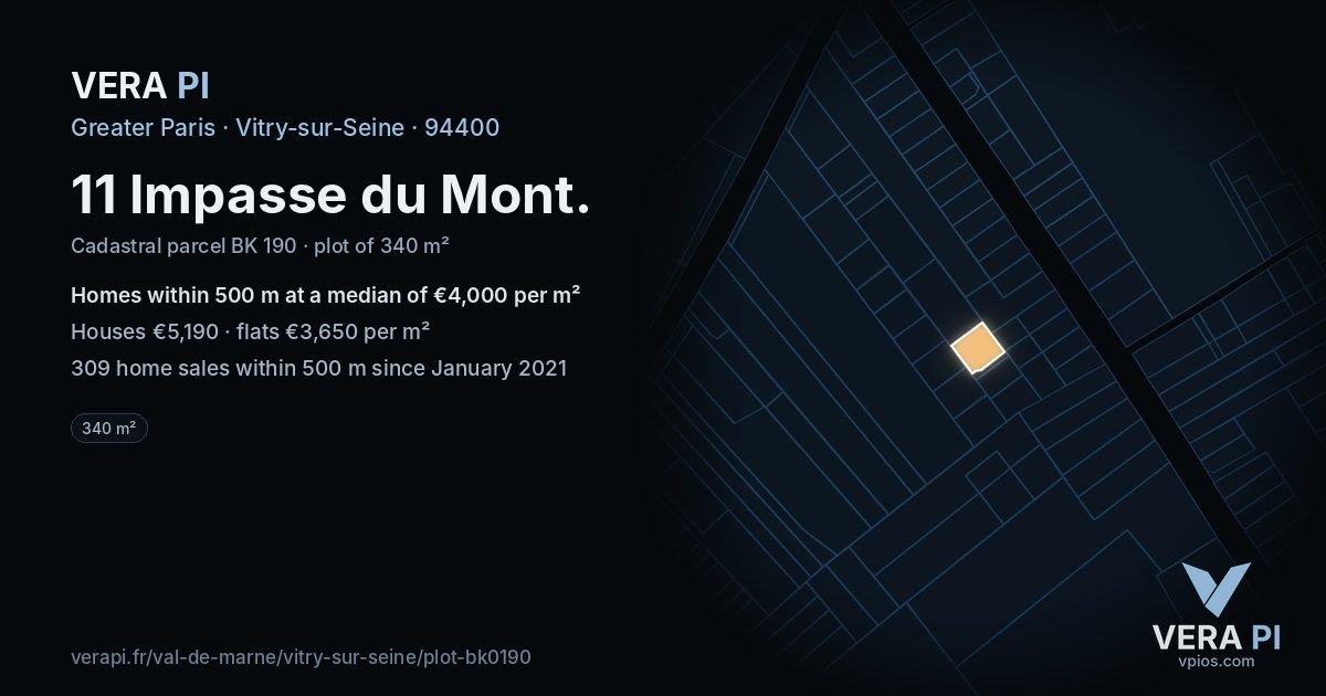 11 Impasse du Mont, Vitry-sur-Seine at night – the plot lit, the parcels around coloured by the prices near them