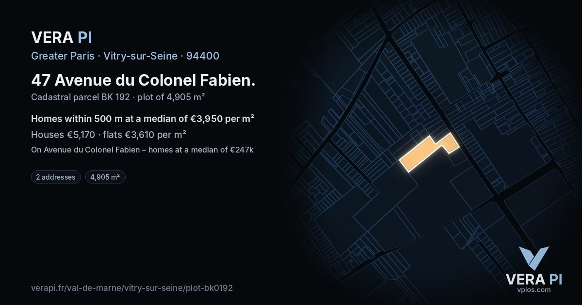 47 Avenue du Colonel Fabien, Vitry-sur-Seine at night – the plot lit, the parcels around coloured by the prices near them