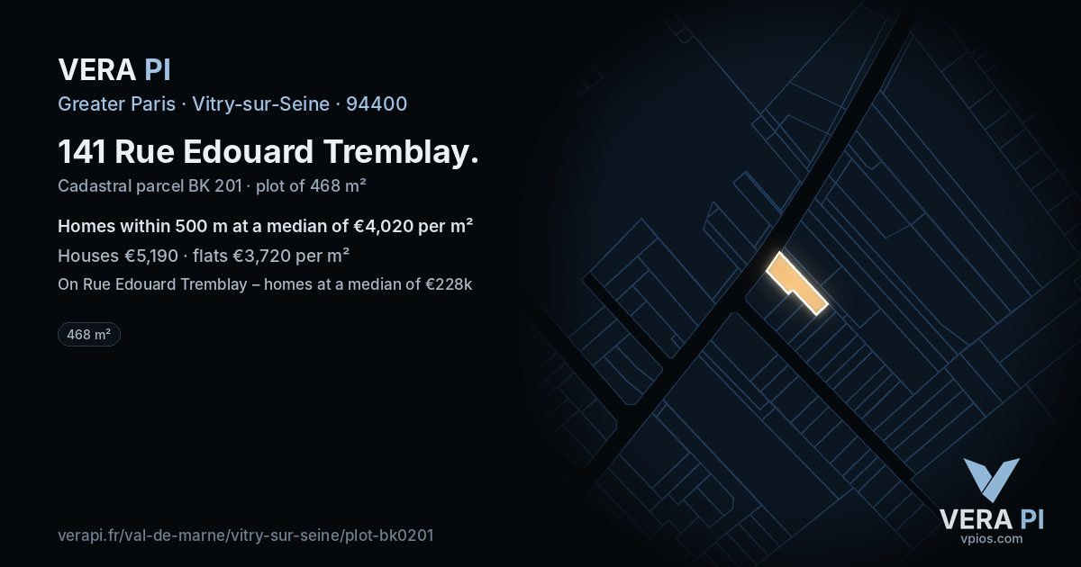 141 Rue Edouard Tremblay, Vitry-sur-Seine at night – the plot lit, the parcels around coloured by the prices near them