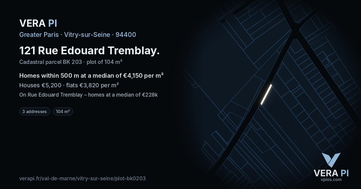 121 Rue Edouard Tremblay, Vitry-sur-Seine at night – the plot lit, the parcels around coloured by the prices near them