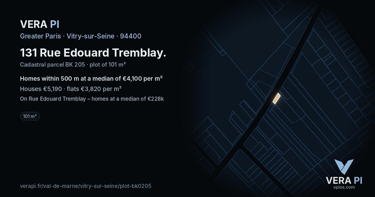 131 Rue Edouard Tremblay, Vitry-sur-Seine at night – the plot lit, the parcels around coloured by the prices near them