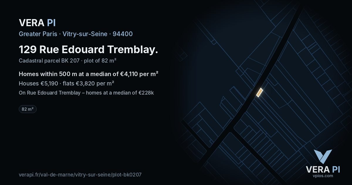 129 Rue Edouard Tremblay, Vitry-sur-Seine at night – the plot lit, the parcels around coloured by the prices near them