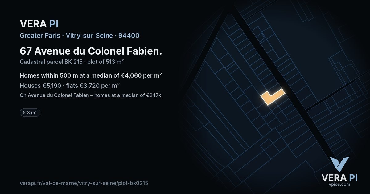 67 Avenue du Colonel Fabien, Vitry-sur-Seine at night – the plot lit, the parcels around coloured by the prices near them
