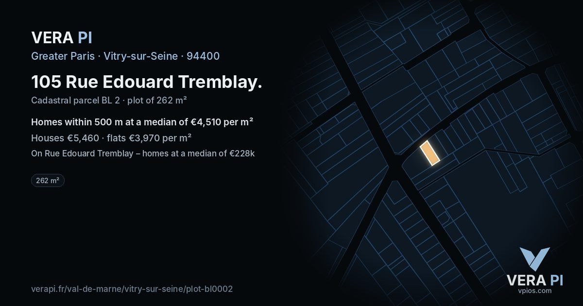 105 Rue Edouard Tremblay, Vitry-sur-Seine at night – the plot lit, the parcels around coloured by the prices near them