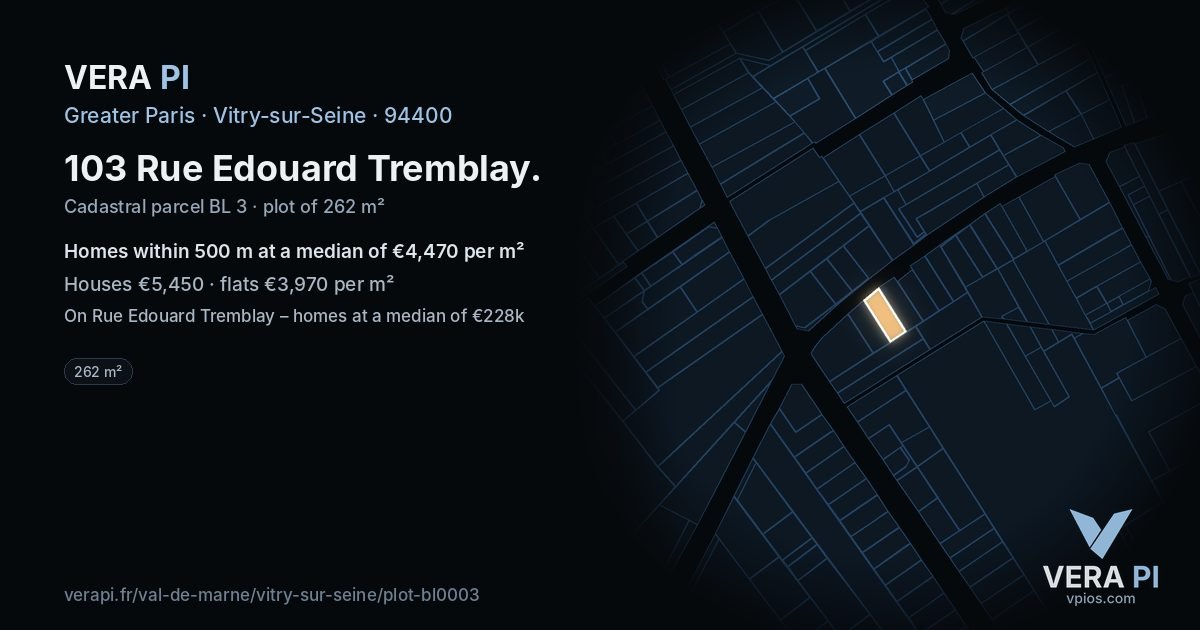 103 Rue Edouard Tremblay, Vitry-sur-Seine at night – the plot lit, the parcels around coloured by the prices near them