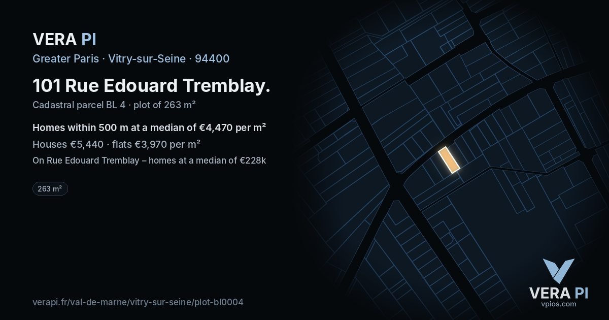 101 Rue Edouard Tremblay, Vitry-sur-Seine at night – the plot lit, the parcels around coloured by the prices near them