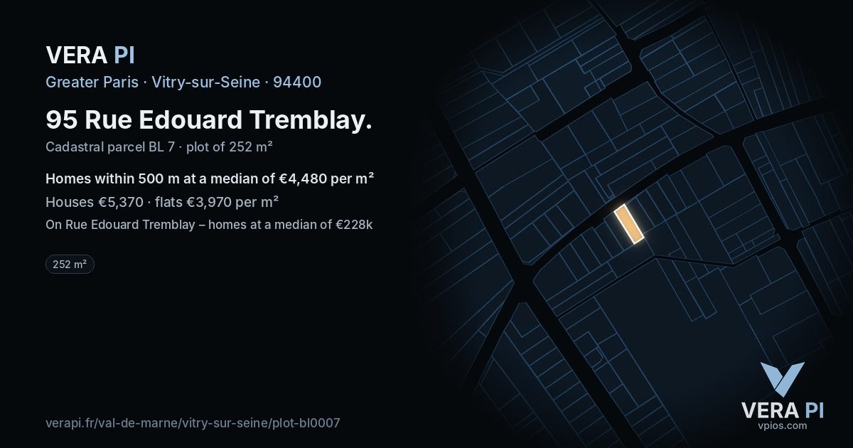95 Rue Edouard Tremblay, Vitry-sur-Seine at night – the plot lit, the parcels around coloured by the prices near them