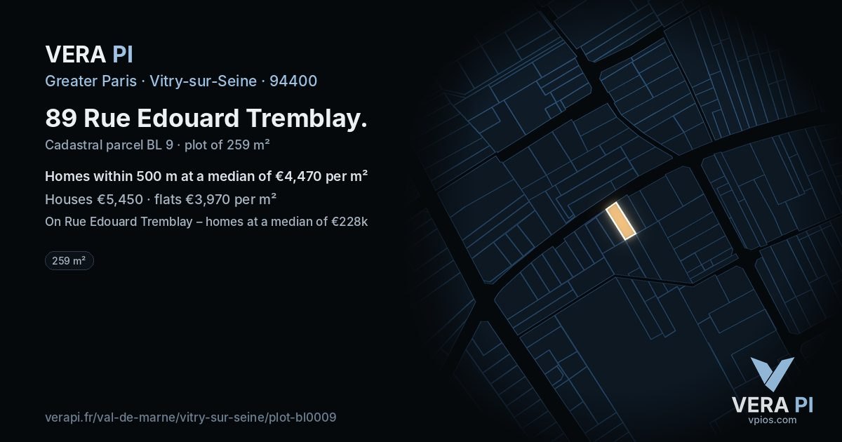 89 Rue Edouard Tremblay, Vitry-sur-Seine at night – the plot lit, the parcels around coloured by the prices near them