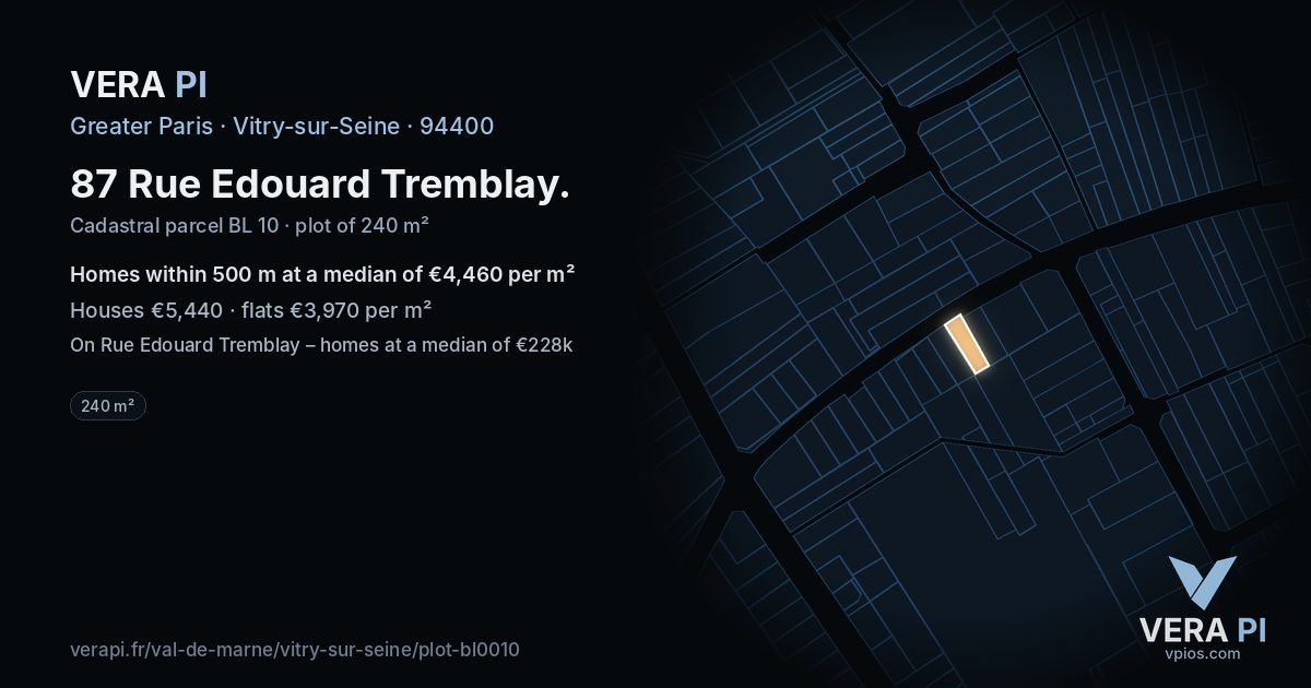 87 Rue Edouard Tremblay, Vitry-sur-Seine at night – the plot lit, the parcels around coloured by the prices near them