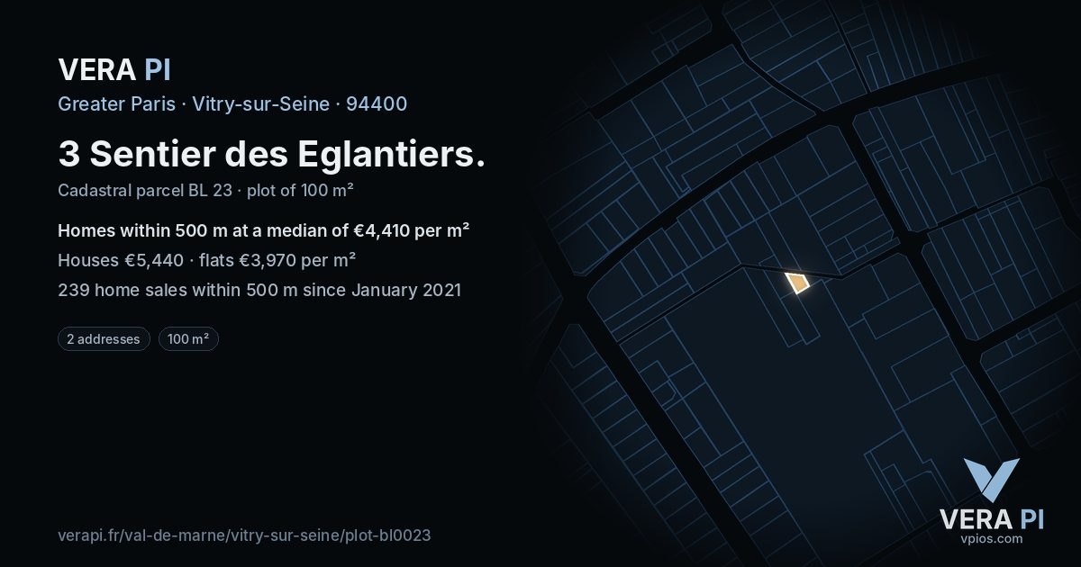 3 Sentier des Eglantiers, Vitry-sur-Seine at night – the plot lit, the parcels around coloured by the prices near them