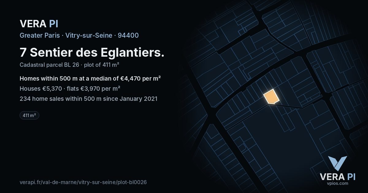 7 Sentier des Eglantiers, Vitry-sur-Seine at night – the plot lit, the parcels around coloured by the prices near them