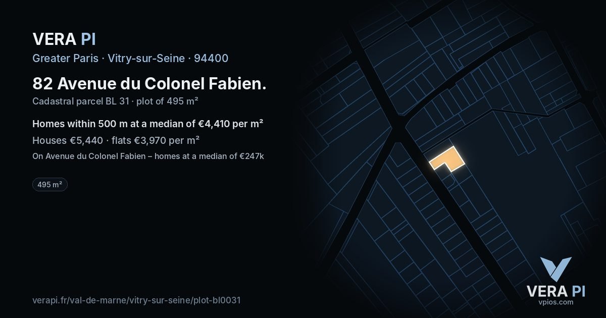 82 Avenue du Colonel Fabien, Vitry-sur-Seine at night – the plot lit, the parcels around coloured by the prices near them