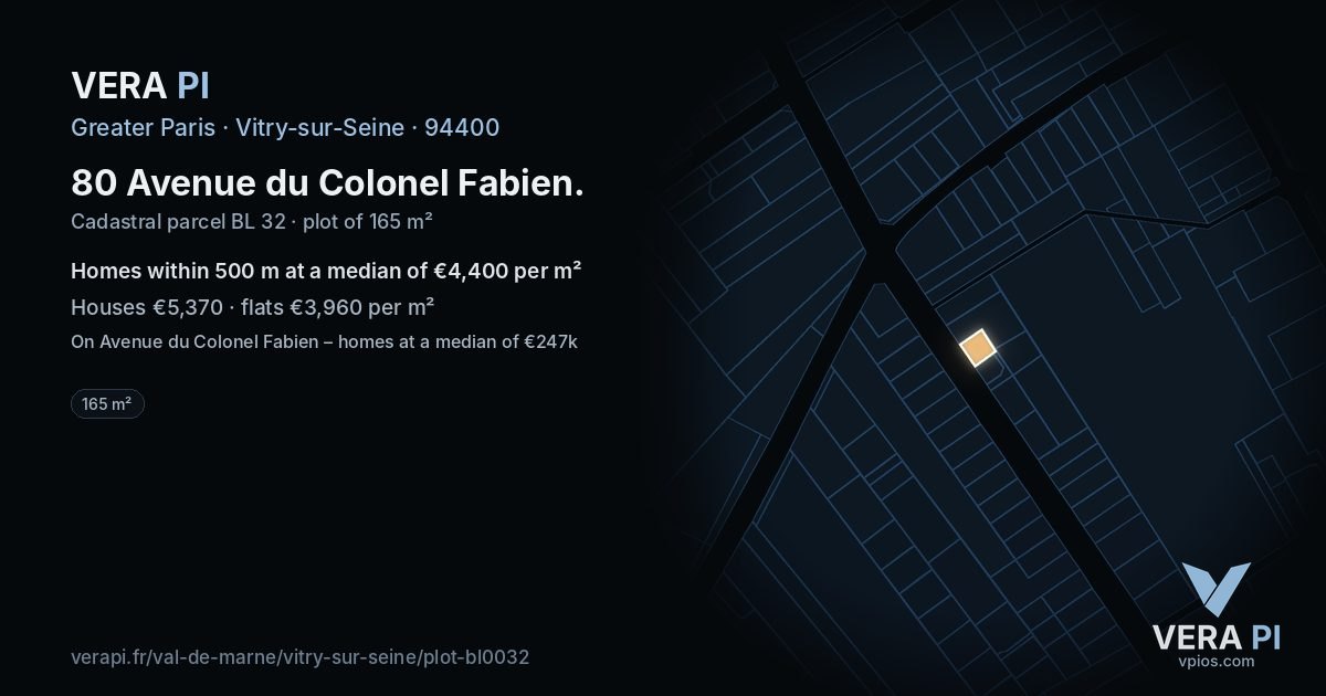 80 Avenue du Colonel Fabien, Vitry-sur-Seine at night – the plot lit, the parcels around coloured by the prices near them