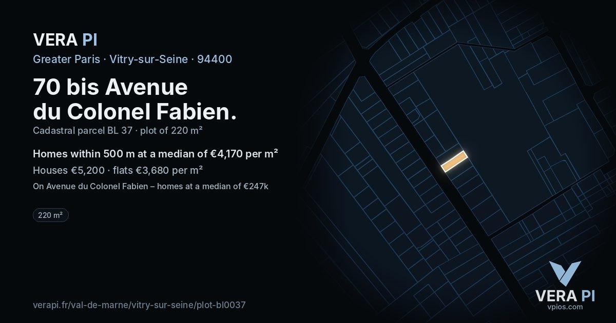 70 bis Avenue du Colonel Fabien, Vitry-sur-Seine at night – the plot lit, the parcels around coloured by the prices near them