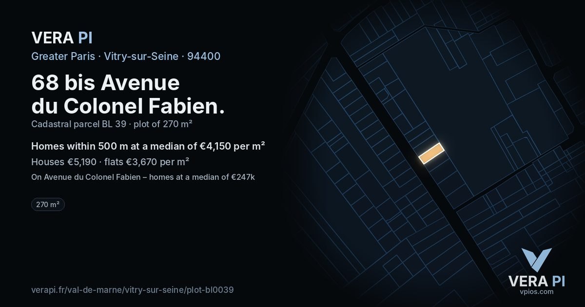 68 bis Avenue du Colonel Fabien, Vitry-sur-Seine at night – the plot lit, the parcels around coloured by the prices near them