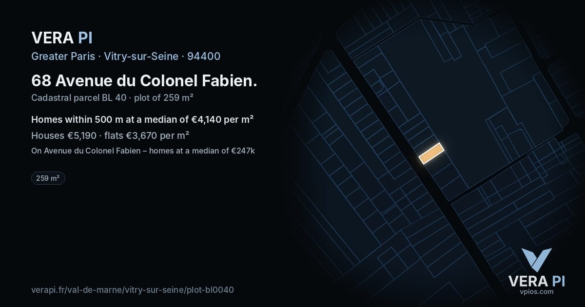 68 Avenue du Colonel Fabien, Vitry-sur-Seine at night – the plot lit, the parcels around coloured by the prices near them