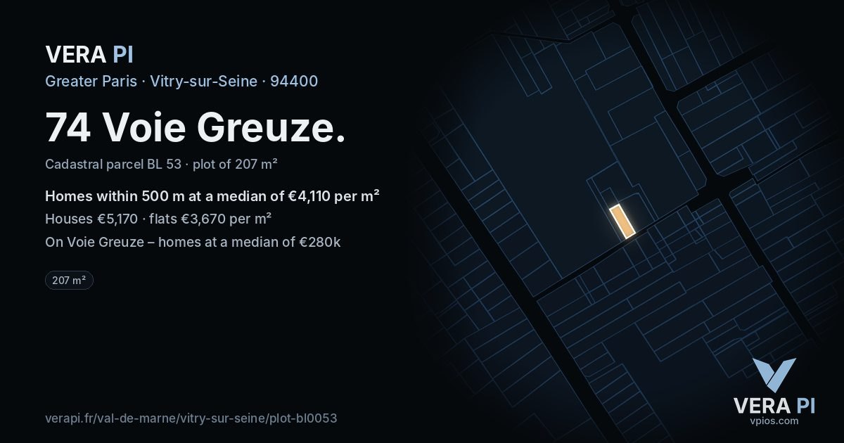 74 Voie Greuze, Vitry-sur-Seine at night – the plot lit, the parcels around coloured by the prices near them