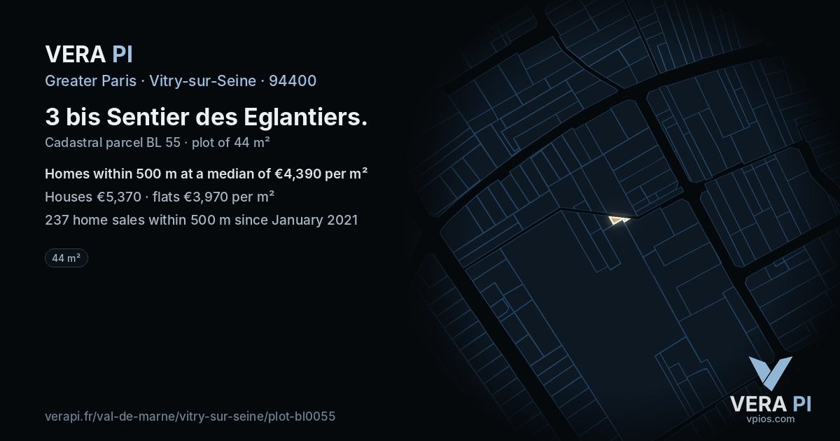 3 bis Sentier des Eglantiers, Vitry-sur-Seine at night – the plot lit, the parcels around coloured by the prices near them