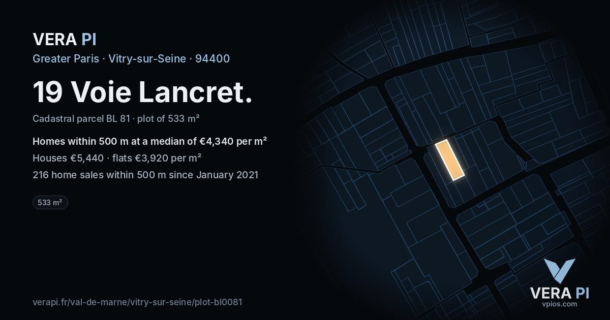 19 Voie Lancret, Vitry-sur-Seine at night – the plot lit, the parcels around coloured by the prices near them