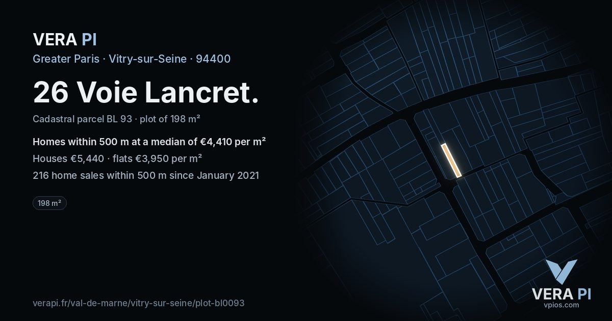 26 Voie Lancret, Vitry-sur-Seine at night – the plot lit, the parcels around coloured by the prices near them
