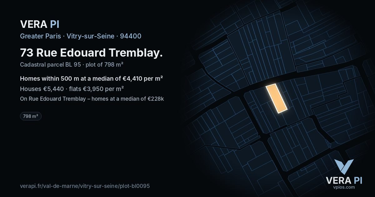 73 Rue Edouard Tremblay, Vitry-sur-Seine at night – the plot lit, the parcels around coloured by the prices near them