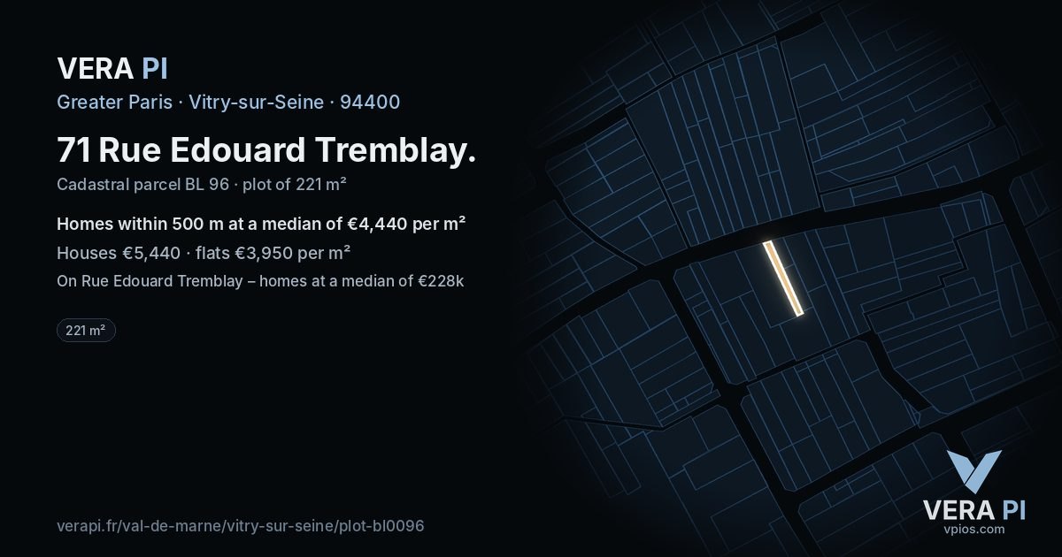 71 Rue Edouard Tremblay, Vitry-sur-Seine at night – the plot lit, the parcels around coloured by the prices near them