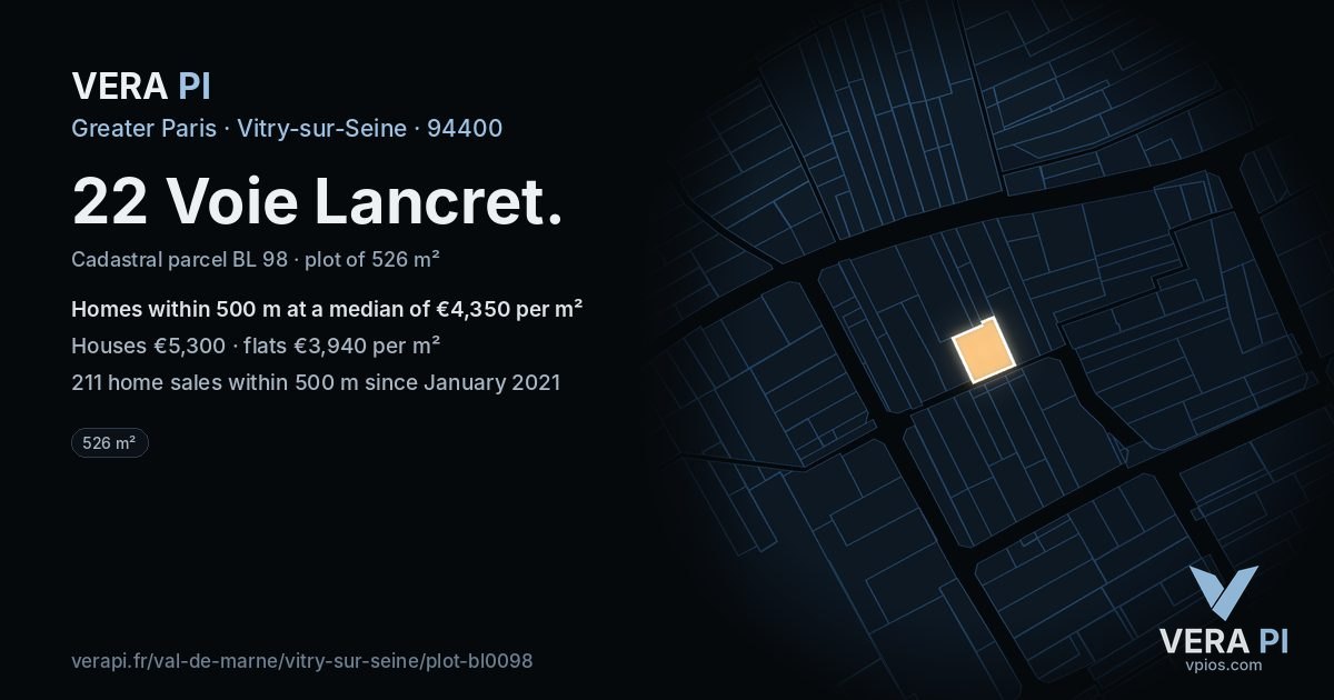 22 Voie Lancret, Vitry-sur-Seine at night – the plot lit, the parcels around coloured by the prices near them