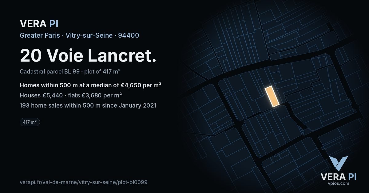 20 Voie Lancret, Vitry-sur-Seine at night – the plot lit, the parcels around coloured by the prices near them