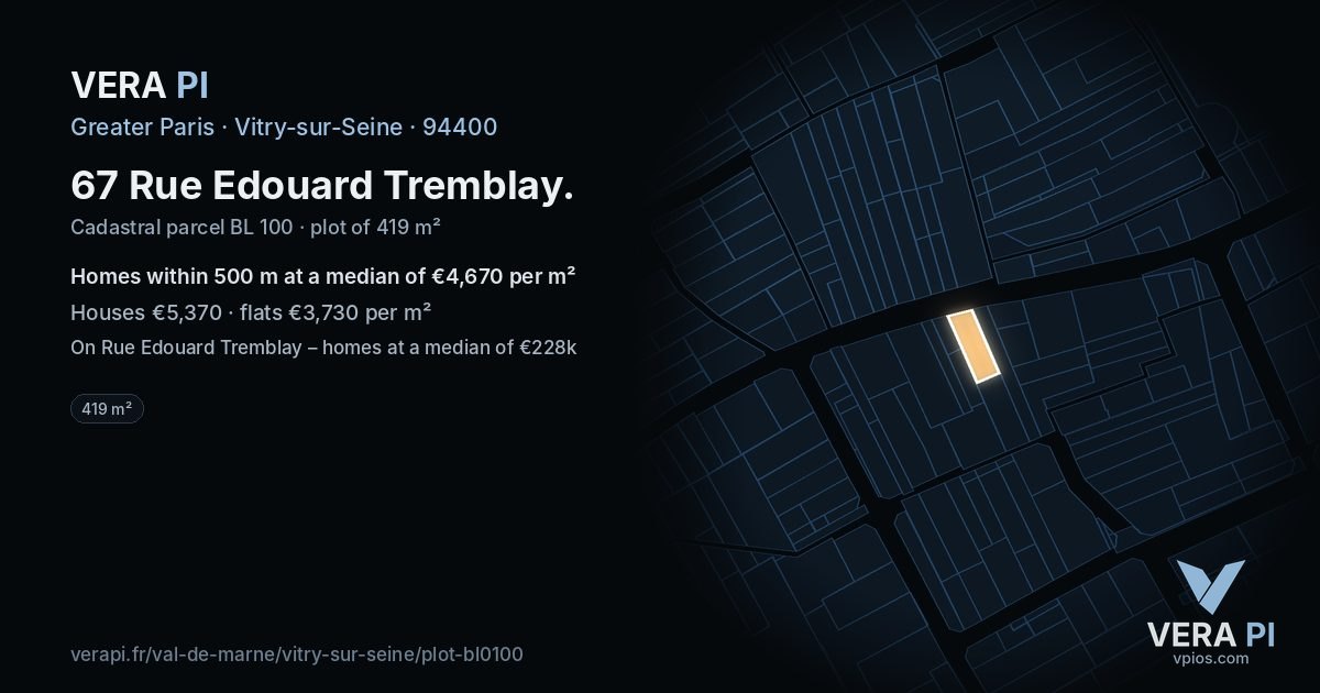67 Rue Edouard Tremblay, Vitry-sur-Seine at night – the plot lit, the parcels around coloured by the prices near them