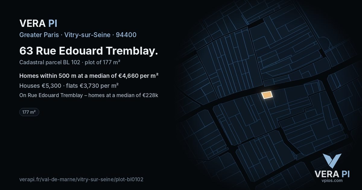 63 Rue Edouard Tremblay, Vitry-sur-Seine at night – the plot lit, the parcels around coloured by the prices near them