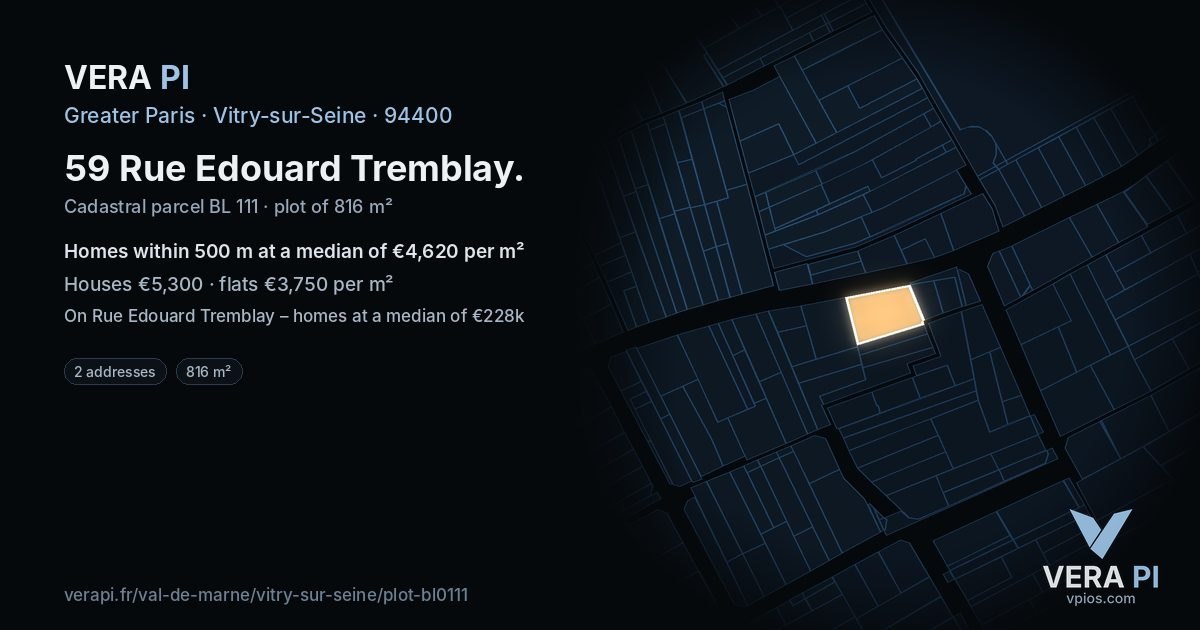 59 Rue Edouard Tremblay, Vitry-sur-Seine at night – the plot lit, the parcels around coloured by the prices near them