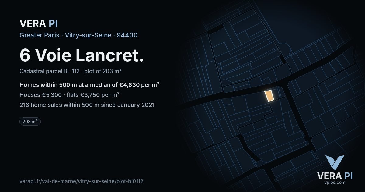 6 Voie Lancret, Vitry-sur-Seine at night – the plot lit, the parcels around coloured by the prices near them