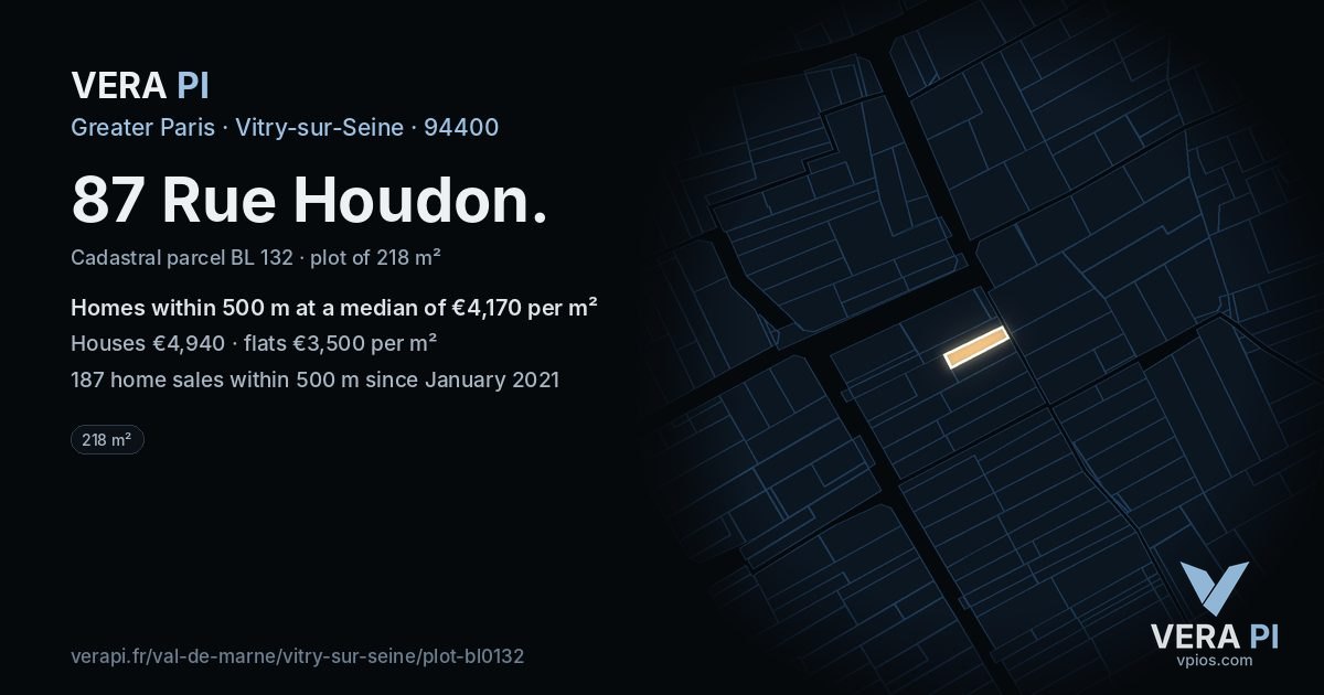 87 Rue Houdon, Vitry-sur-Seine at night – the plot lit, the parcels around coloured by the prices near them