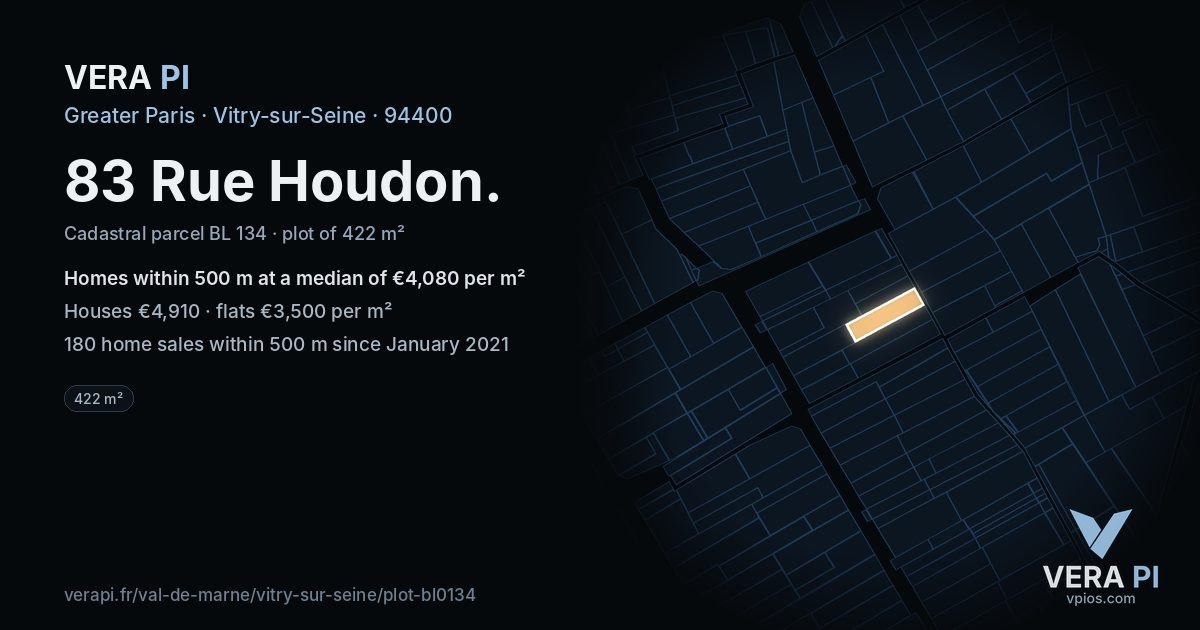 83 Rue Houdon, Vitry-sur-Seine at night – the plot lit, the parcels around coloured by the prices near them