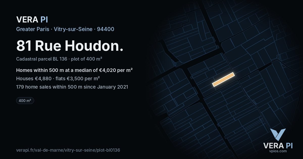 81 Rue Houdon, Vitry-sur-Seine at night – the plot lit, the parcels around coloured by the prices near them