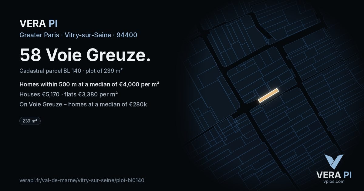 58 Voie Greuze, Vitry-sur-Seine at night – the plot lit, the parcels around coloured by the prices near them