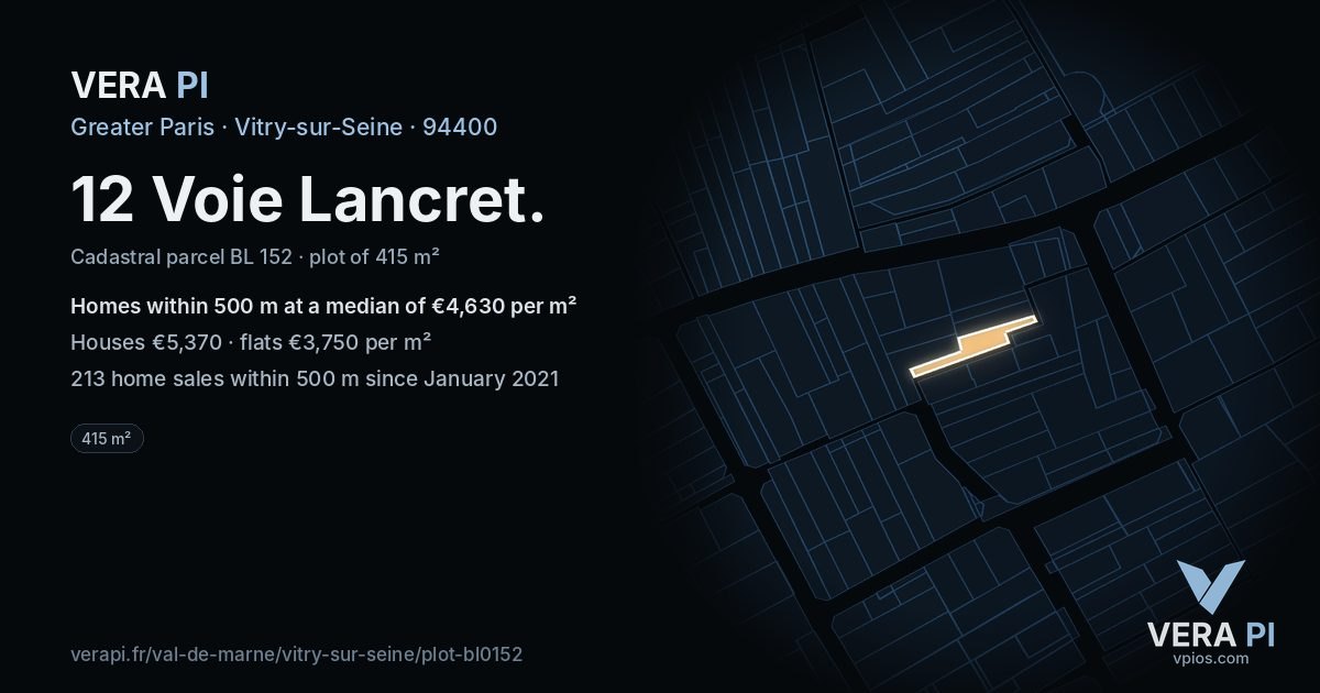 12 Voie Lancret, Vitry-sur-Seine at night – the plot lit, the parcels around coloured by the prices near them