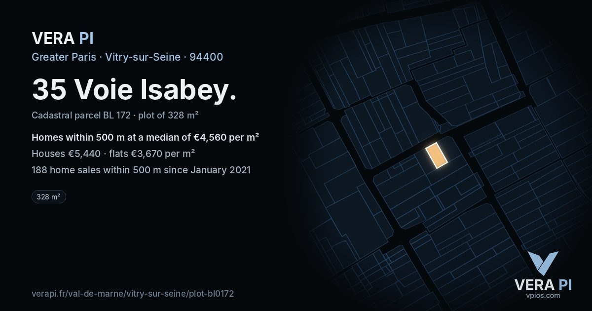 35 Voie Isabey, Vitry-sur-Seine at night – the plot lit, the parcels around coloured by the prices near them