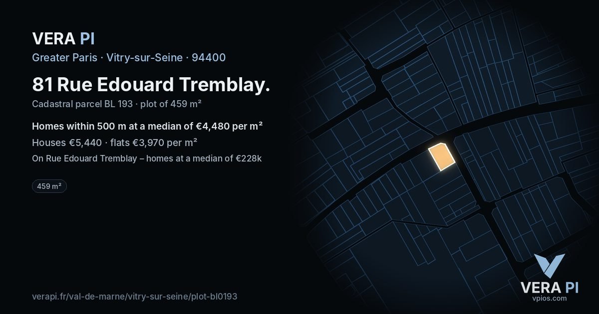 81 Rue Edouard Tremblay, Vitry-sur-Seine at night – the plot lit, the parcels around coloured by the prices near them