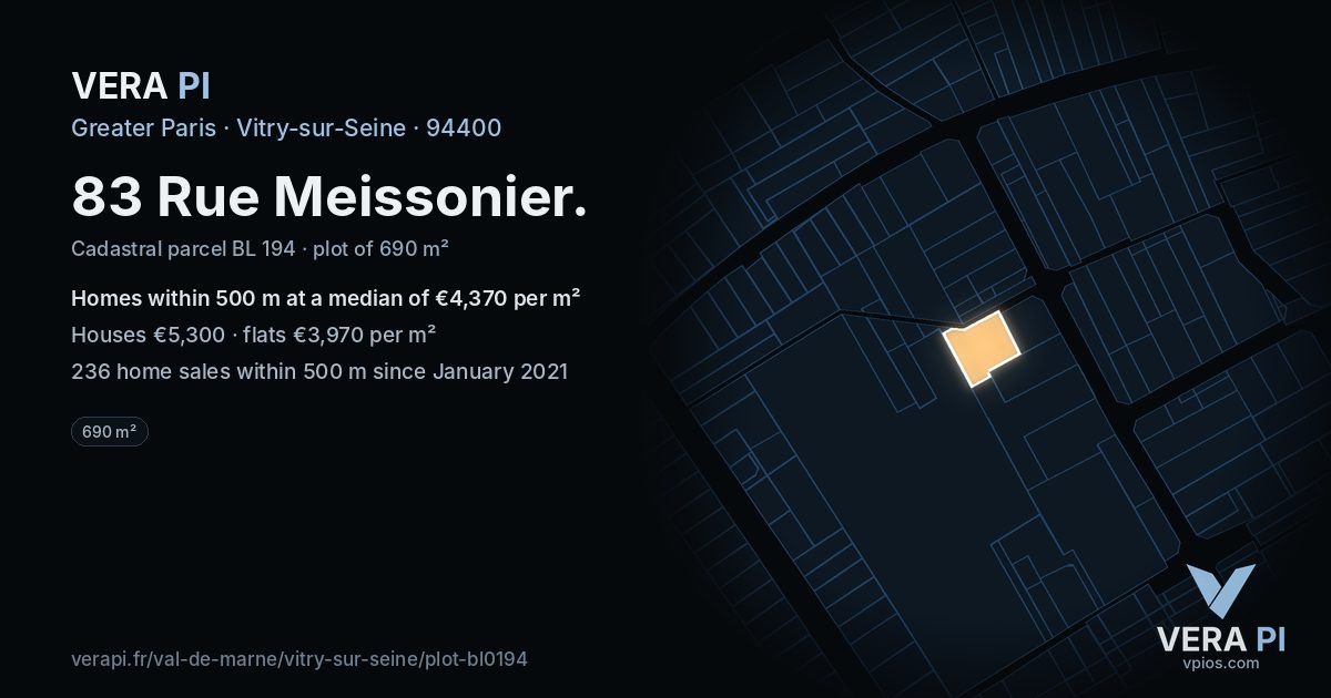 83 Rue Meissonier, Vitry-sur-Seine at night – the plot lit, the parcels around coloured by the prices near them