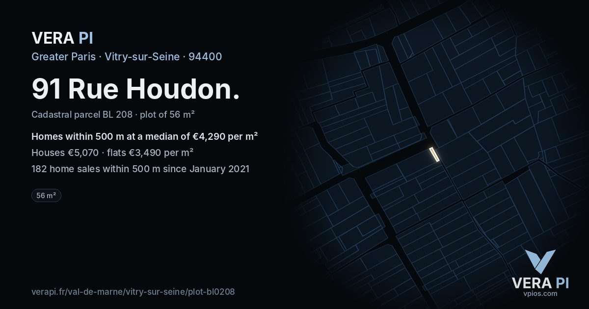 91 Rue Houdon, Vitry-sur-Seine at night – the plot lit, the parcels around coloured by the prices near them