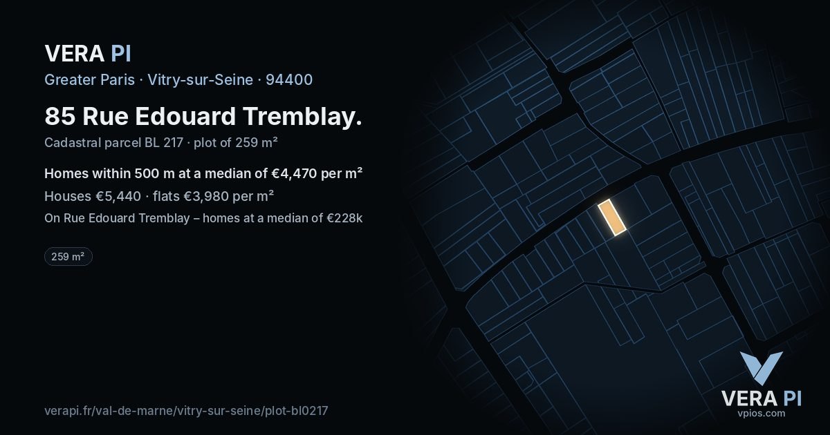 85 Rue Edouard Tremblay, Vitry-sur-Seine at night – the plot lit, the parcels around coloured by the prices near them